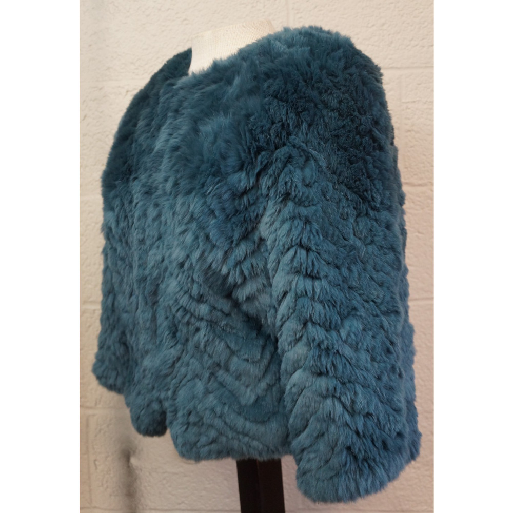 Barneys New York Teal Real Rabbit Fur Jacket Cropped Jagger Luxury Coat Size S - Picture 3 of 15